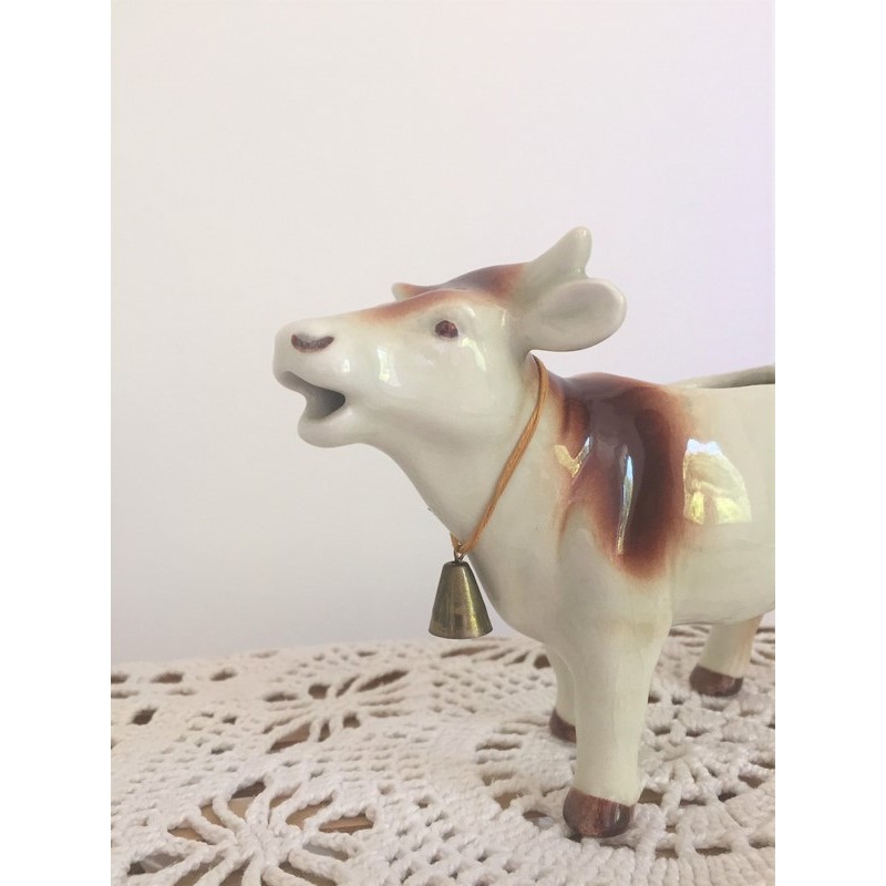 Pot Lait Vintage Forme Vache En Faience Beige Et Marron