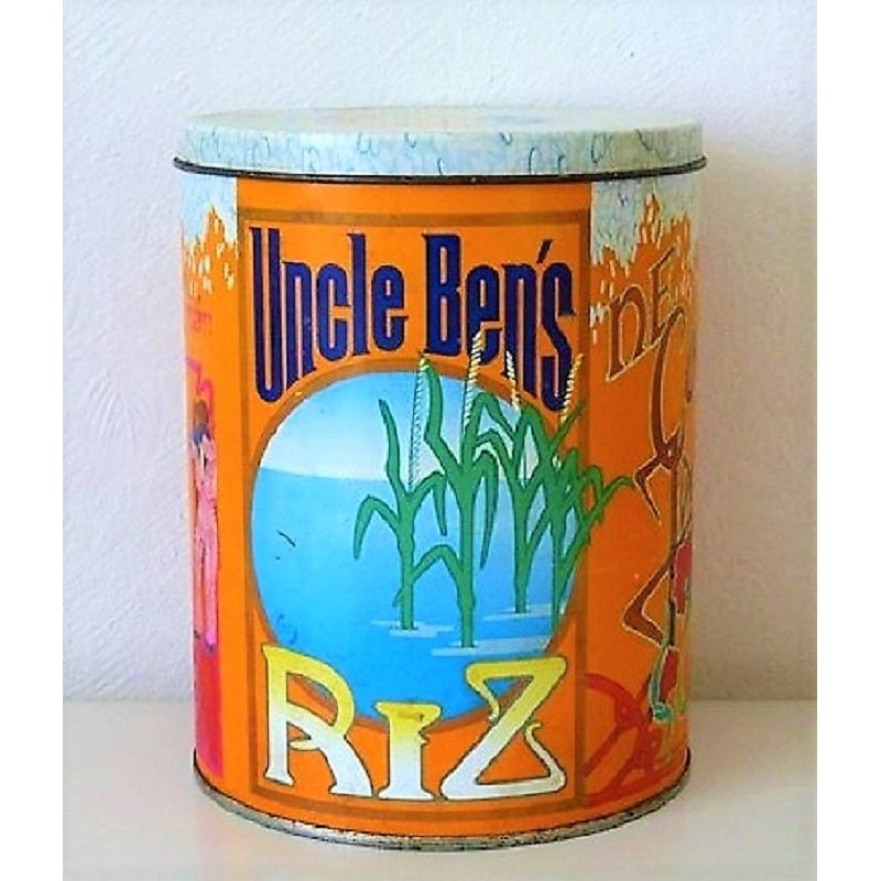 Boite Uncle Ben's Rice vintage en métal décoré coloris orange, Germany